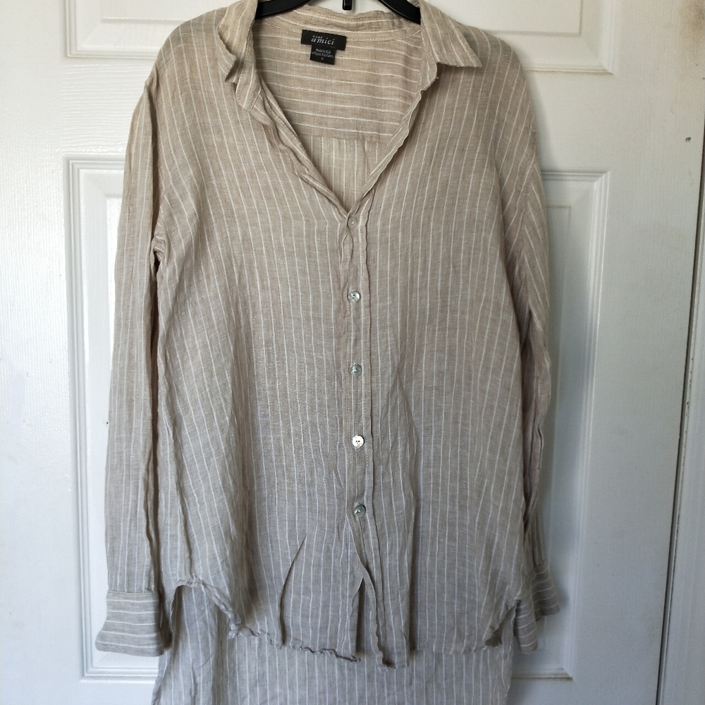 Pure Amici Linen Beige/White Long Sleeve Shirt
